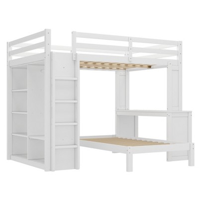 White bunk bed with integrated ladder and desk, shown from side angle