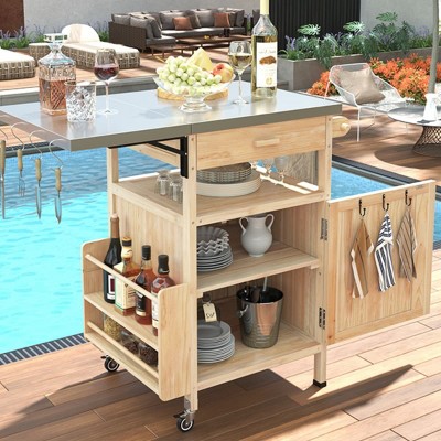 40.5 in Wood Color Outdoor Kitchen Cart with Stainless Steel Top Drop Leaf Drawer and Wheels Solid Wood Grill Island for Patio or Garden-The Pop Home