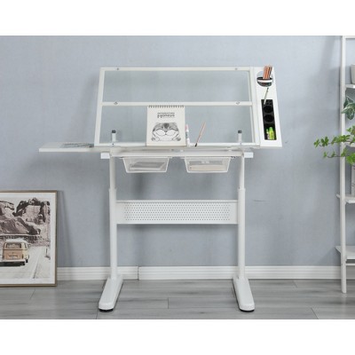 SKRAN Hand Crank Adjustable Drawing Drafting Table Desk With 2 Drawers And Stool Perfect For Home Office And School