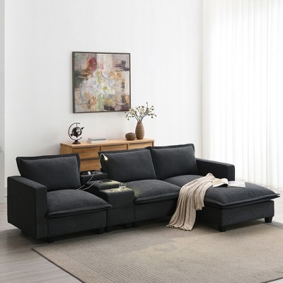 Whisen Modern Sectional Cloud Sofa with Console, USB charger, Reading Light and Cup Holders, 4-seat Chenille Modular Couch