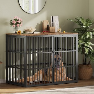 46'' Dog Crate Furniture, 3-In-1 Wooden Dog Kennel with 3 Lockable Doors, Brown & Black - 1 of 4