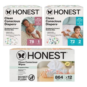 The Honest Company Plant-Based Baby Wipes 864ct + 72ct Clean Conscious Disposable Diapers Size 2 + 78ct Clean Conscious Disposable Diapers size 1 - 1 of 4
