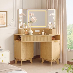 GustoWave 48 inch Fluted Corner Vanity Desk with Triple Mirror for Bedroo - 1 of 4