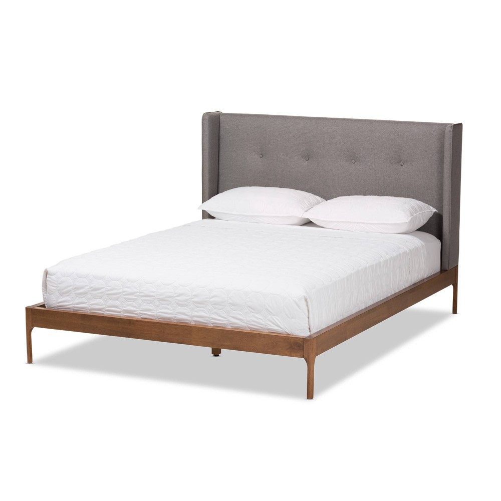 Photos - Bed Frame Brooklyn Mid Century Modern Walnut Wood Fabric Upholstered Platform Queen