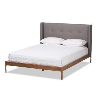 Brooklyn Mid Century Modern Walnut Wood Fabric Upholstered Platform Bed - Baxton Studio