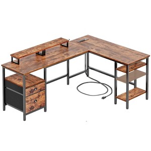 Itopfox L Shaped Desk with Power Outlet, Reversible Computer Gaming Desk with File Drawer & 2 Monitor Stands for Home Office with Storage Shelves - 1 of 4