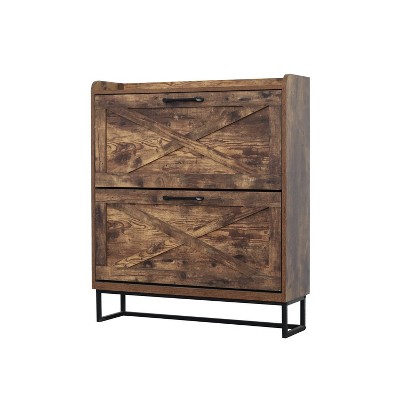 TIRAMISUBEST Rustic Brown Shoe Storage Cabinet with 2 Flip Doors - Freestanding Entryway Organizer with Metal Legs, Narrow Design