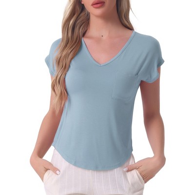 cheibear Women's Viscose Smile-shaped Hem V-Neck Pajamas Top with Chest Pocket