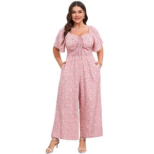 YESFASHION Womens Plus Size Casual Summer Jumpsuits Sweetheart Neck Ruffle Short Sleeve Smocked Tie Front Wide Leg Rompers with Pockets - 1 of 4