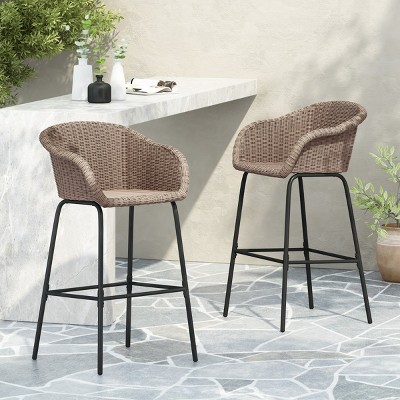 Set of 4 Outdoor Metal Armrests Barstools,Bar Chairs with Footrest and Iron Frame,Light Brown PE Rattan Barstools for Patio or Garden-Cuddlewood