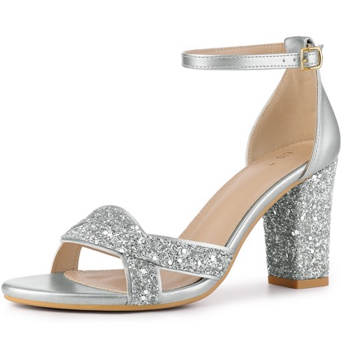Women's Silver Glitter Shoes Chunky Heels Ankle Strap Sandals