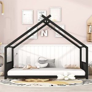 Full Size House Bed, Metal Floor Bed Frame With Roof, House Shape Bed With Metal Slats Support For Teens Kids Boys Girls, No Box Spring Needed - 1 of 4