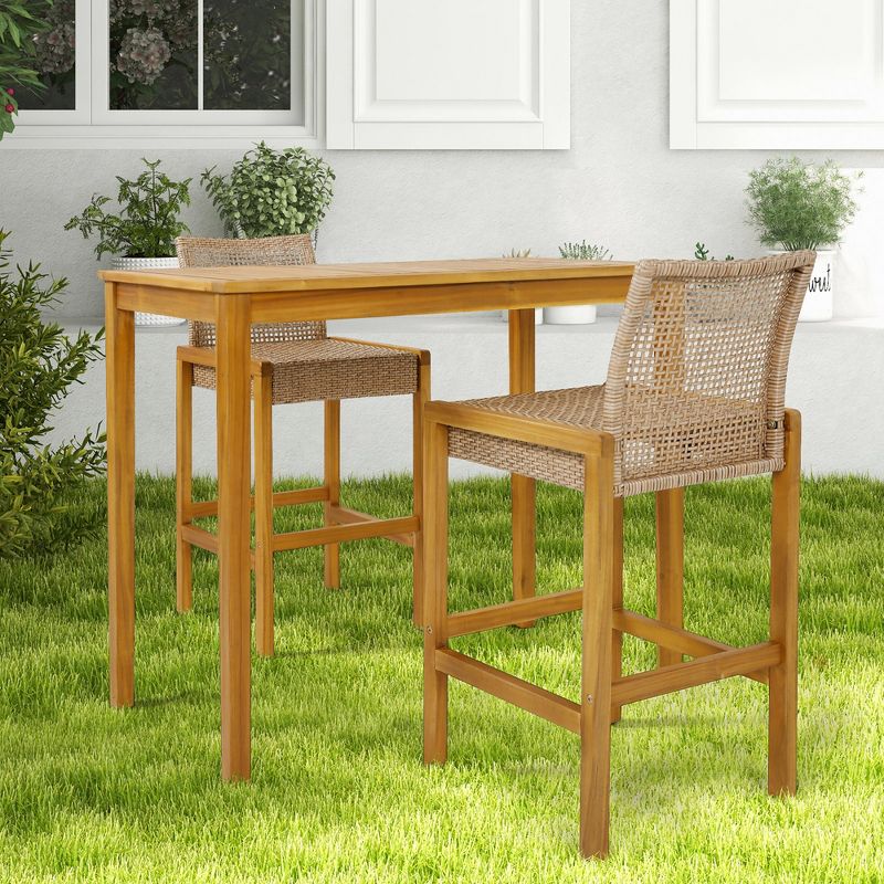 Tangkula Wicker Bar Stools Set of 2 Patio Chairs w/ Solid Wood Frame Ergonomic Footrest Light Brown, 2 of 8