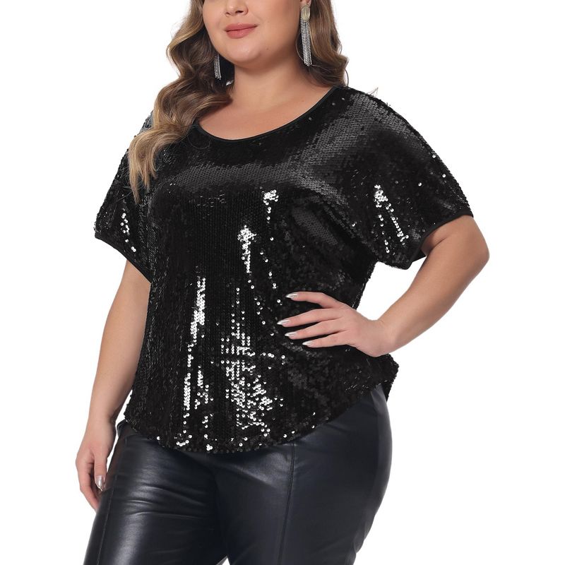 Agnes Orinda Women's Plus Size Allover Sparkle Sequin Glitter Short Sleeve Dressy Party Club Night Blouses, 1 of 6