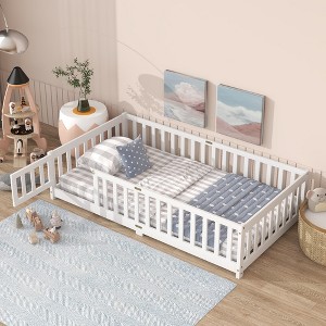 Twin Size Floor Bed with Fence and Door for Bedroom - 1 of 4