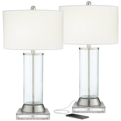 360 Lighting Contemporary Table Lamps Set of 2 with Square Risers USB Charging Port LED Nickel White Drum Shade for Living Room