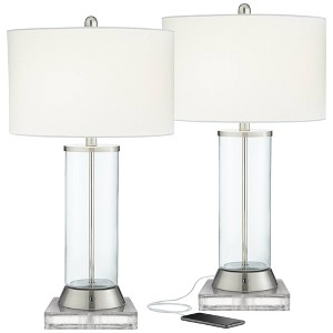 360 Lighting Watkin Modern Table Lamps Set of 2 with Square Risers 28 1/2" Tall Clear Glass USB and AC Power Outlets in Base White Drum Shade for Home - 1 of 4
