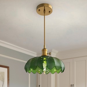 DORESshop 1-Light Brass Vintage Pendant Light with Green Glass Shade, Adjustable Hanging Fixture for Kitchen Island Dining Room - 1 of 4