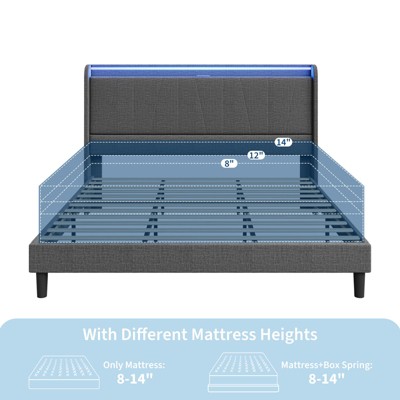 CuisinSmart Bed Frame with LED Headboard, Modern Fabric Upholstered Platform, No Box Spring Needed Bedframe, Noise Free, Easy Assembly, Gray