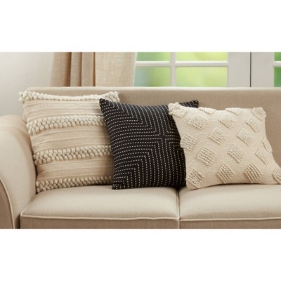Ivory Pom Pom Striped Cotton Polyester Euro Throw Pillow Cover