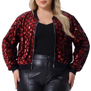 Agnes Orinda Women's Plus Size Sequin Long Sleeve Metallic Party Crop Bomber Jackets - 1 of 4