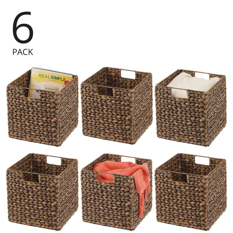 mDesign Hyacinth Woven Cube Bin Basket Organizer, Handles, 6 Pack, Brown Wash, 2 of 10