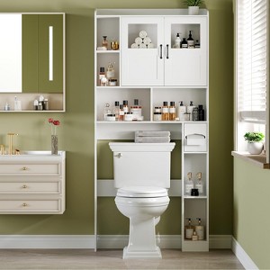 Over Toilet Storage Cabinet with Sliding Barn Door & Glass Shelves - 67" Rustic Modern Bathroom Organizer, Space-Saving, Tool-Free Assembly - 1 of 4