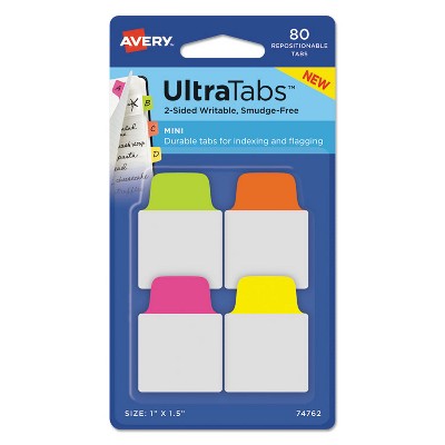 Avery Ultra Tabs Repositionable Tabs 1 x 1.5 Neon:Green Orange Pink Yellow 80/Pk 74762