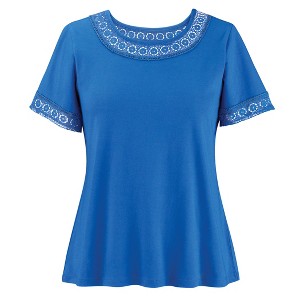 Collections Etc Flattering Crochet Lace Trim Short Sleeve Cotton Tee - 1 of 4