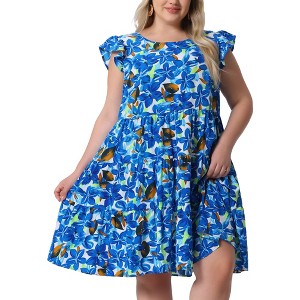 Agnes Orinda Women's Plus Size Boho Flutter Sleeves Round Neck Floral Ruffle Midi A Line Babydoll Dress - 1 of 4