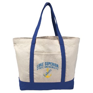 Lake Superior State University Lakers Primary Logo Canvas Tote Bag With External Pocket, Reusable Shoulder Bag for Shopping, School, Beach, Royal - 1 of 4