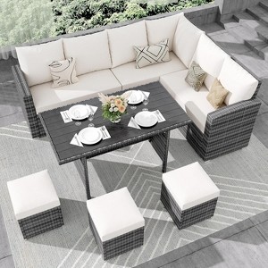 Garvee 7 Piece Outdoor Sectional Sofa with Dining Table,Patio Sectional Sofa Conversation Set All Weather Wicker Rattan Couch Dining Table & Chair - 1 of 4