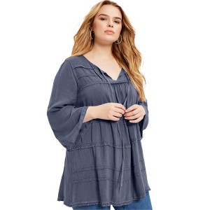 June + Vie by Roaman's Acid Wash Peasant Blouse - 1 of 4