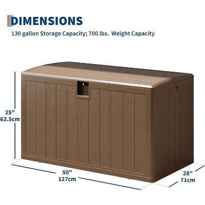 Dimensions of brown outdoor storage box showing 50 inches length, 28 inches width, 25 inches height