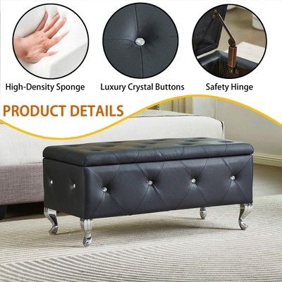 VYNXARIA Upholstered Storage Ottoman Bench - Elegant Faux Leather with Crystal Buttons