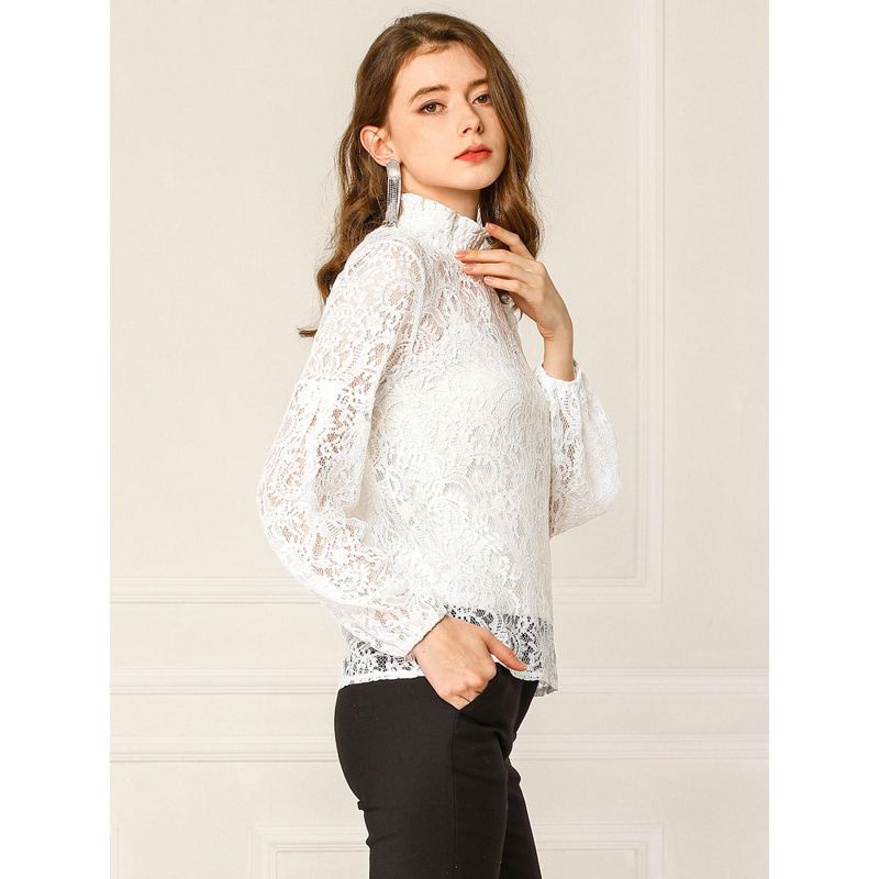 Allegra K Women's See Through Mock Neck Long Sleeve Floral Lace Blouse, 5 of 8