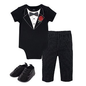 Little Treasure Baby Boy Cotton Bodysuit, Pant and Shoe 3pc Set, Tuxedo Rose - 1 of 1