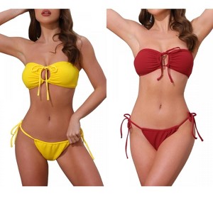 INSPIRE CHIC Women's O Ring Ruched Bandeau Ribbed Tie Front Top Triangle Bottom Swimwear Bathing Bikini Suits 2 Sets - 1 of 4