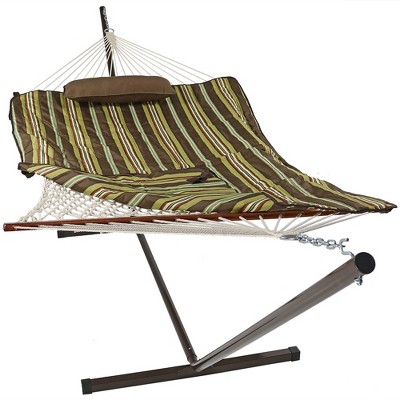 Sunnydaze Cotton Rope Hammock with Spreader Bar with Portable Freestanding Steel Stand and Pad and Pillow Set - 12' Stand - Desert Stripe