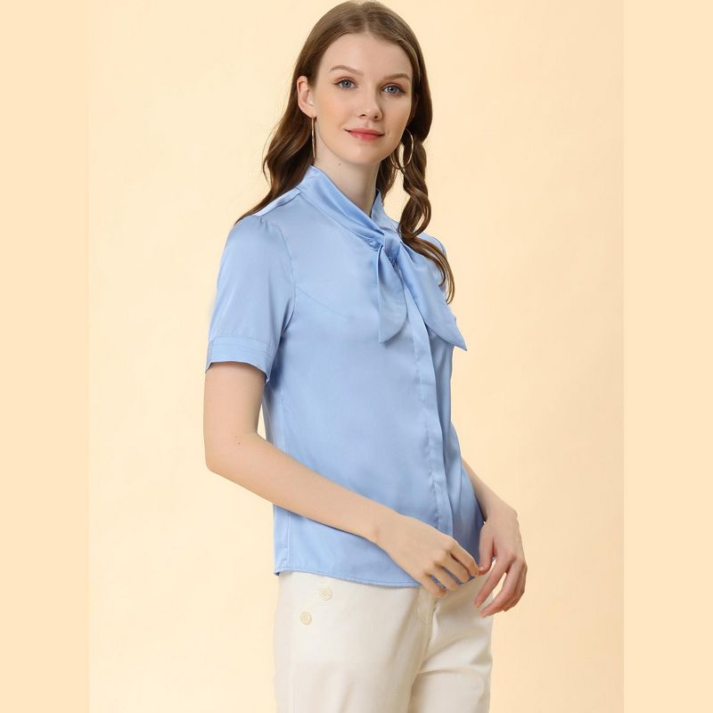 Allegra K Women's Work Tops Career Tie Neck Short Sleeve Satin Elegant Button Down Shirt, 4 of 7