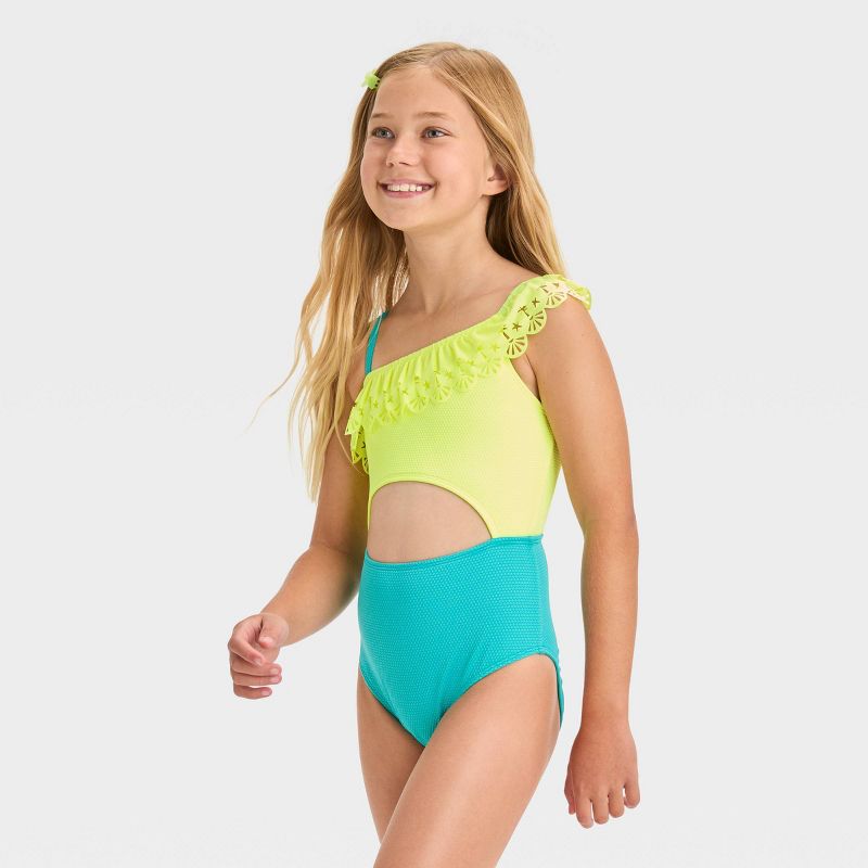 Girls' 'Beach Dreams' Solid One Piece Swimsuit - Cat & Jack™ Yellow/Light Blue, 1 of 5