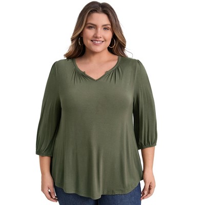 GRACE & GRANDEUR Women's Plus Size Smocked Notch V Neck 3/4 Sleeve Dressy Casual Blouses