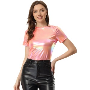 INSPIRE CHIC Women's Clubwear Short Sleeve Shiny Metallic Blouse - 1 of 4