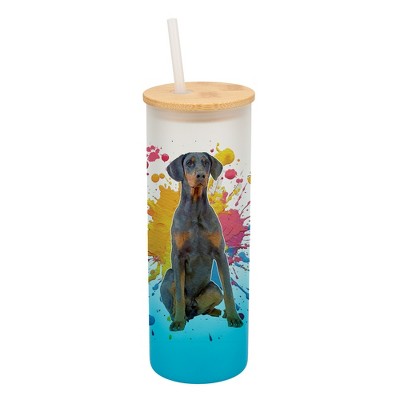100 North 25 Ounce Frosted Glass Gradient Travel Tumbler With Straw & Wooden Lid, Doberman Pinscher Dog Sky Blue