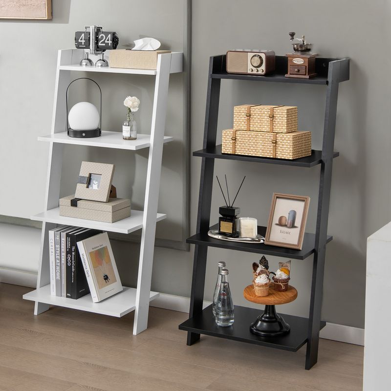 Costway 4-Tier Ladder Shelf Leaning Bookshelf withAnti-falling Baffle Wood Bookcase Black/White, 5 of 11