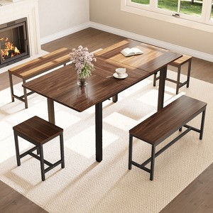 5-Piece Extendable Dining Table Set for 4-8 People, 2 Benches & 2 Stools, Modern Dining Room Furniture Sets, Easy Assembly - 1 of 4