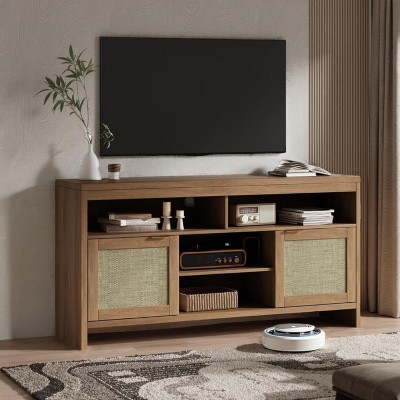 58" Inch Rattan TV Stand for TV Up to 65 Inch, Boho Entertainment Center with Storage,Wooden TV Console Cabinet with Adjustable Shelves