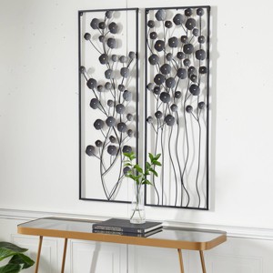 Farmhouse Metal Floral Wall Decor with Black Frame Set of 2 Black - Olivia & May: Iron Botanical Art, Indoor Vertical Display - 1 of 4