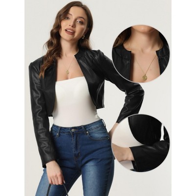 Женские куртки INSPIRE CHIC Women's PU Bolero Open Front Leather Cropped Long Sleeve Jacket Medium Black — фото 2