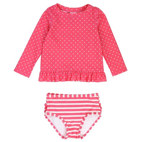 RuffleButts Girls Long Sleeve Rash Guard Bikini - Pink, Size: 5